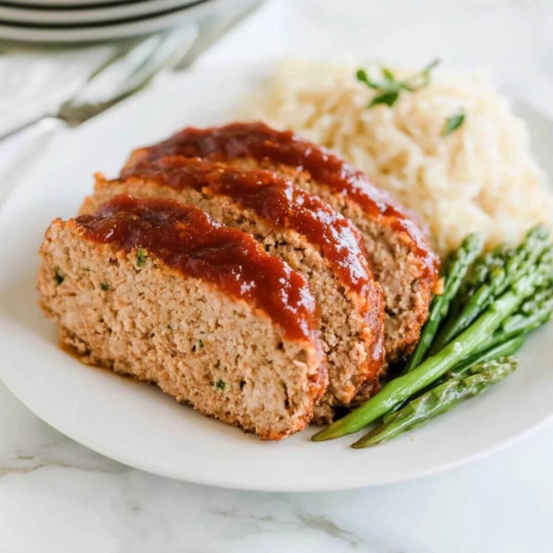 Ground Chicken Meatloaf with Savory Glaze Slices of ground chicken meatloaf topped with a glossy tomato-based glaze, served with roasted asparagus and a side of rice on a white plate.