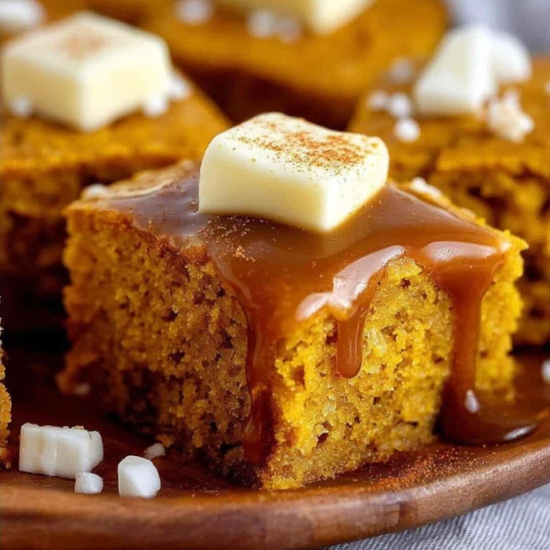 Pumpkin Cornbread with Cinnamon Honey Butter Close-up of moist pumpkin cornbread topped with melted butter and drizzled cinnamon honey glaze.