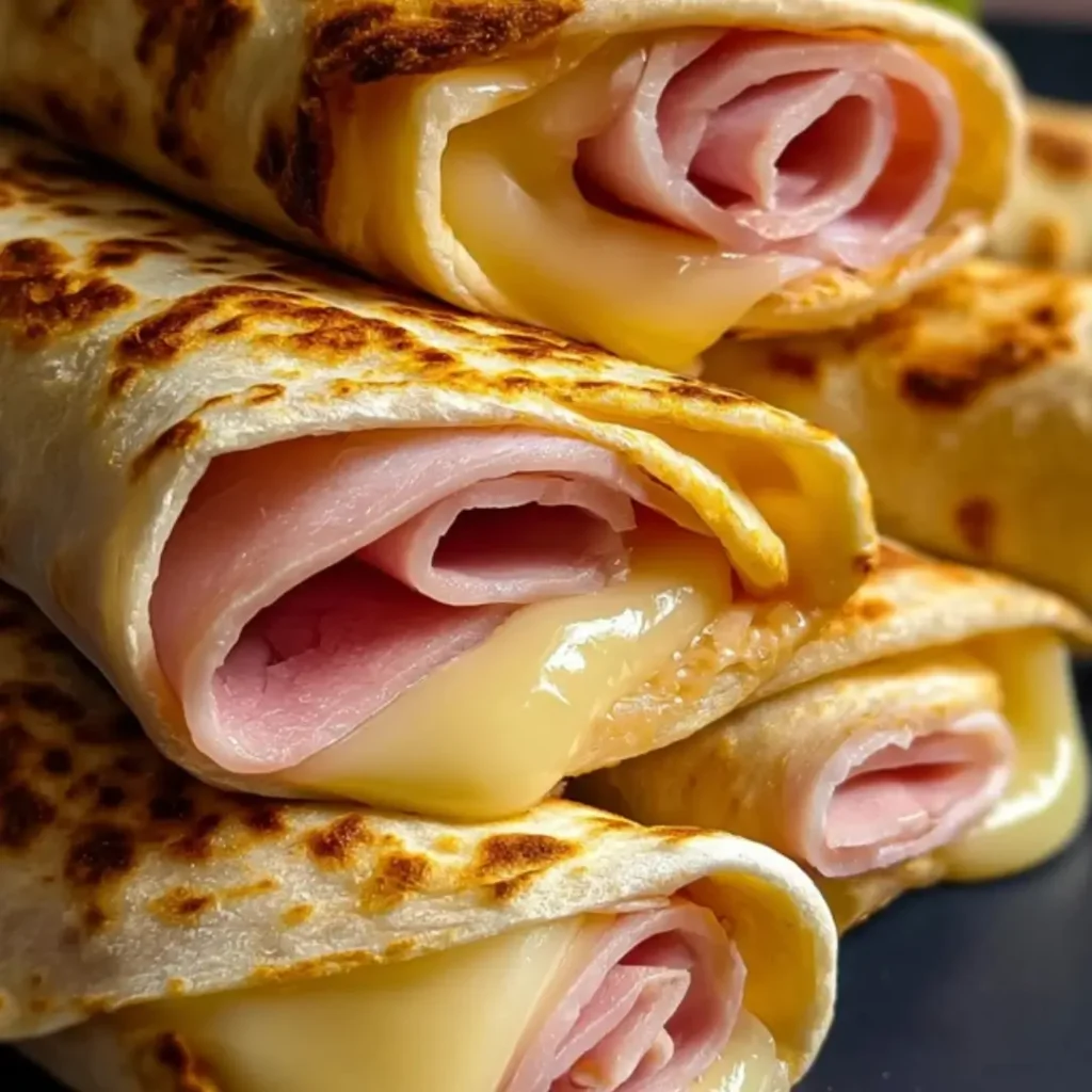 Golden crispy air fryer chicken ham and cheese wraps sliced in halves, served with fresh parsley garnish.