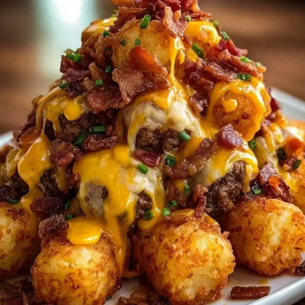 Crispy tater tot cones stuffed with bacon, ground beef, and melted cheese, topped with fresh lettuce, tomato, and pickles.