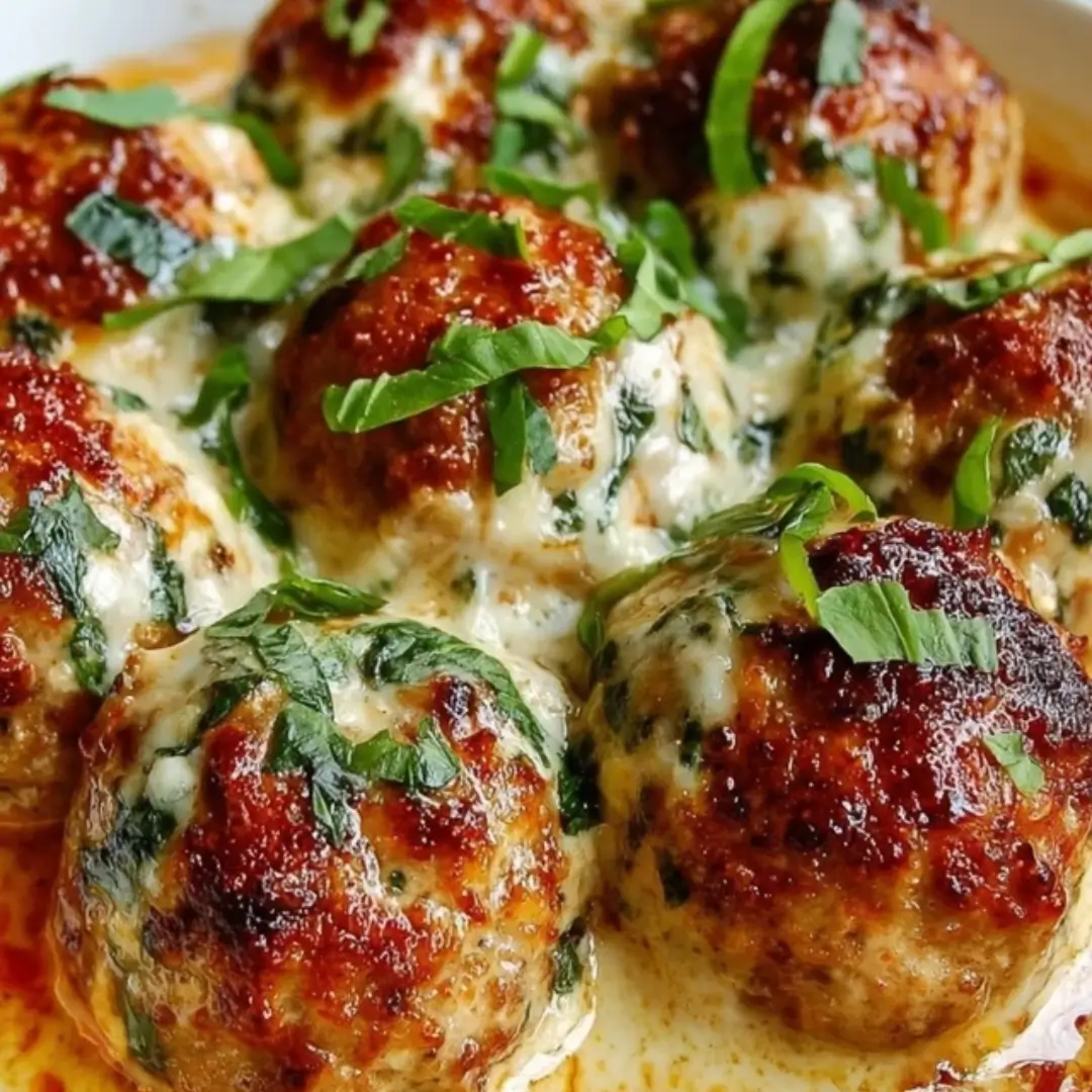 Baked chicken ricotta meatballs in marinara sauce, garnished with fresh basil and Parmesan.