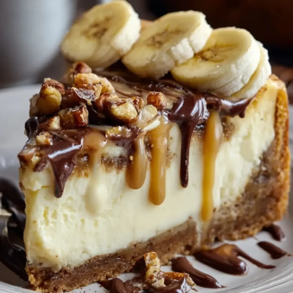 Creamy banana bread cheesecake topped with fresh bananas, honey drizzle, cinnamon, and crunchy walnuts.