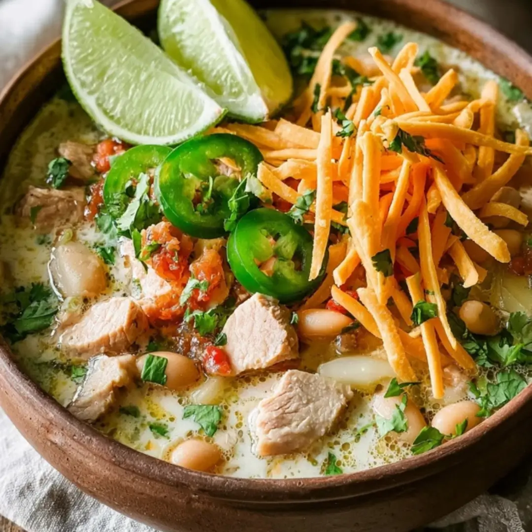 A warm bowl of creamy white chicken chili topped with fresh cilantro and lime, served with tortilla chips on the side.