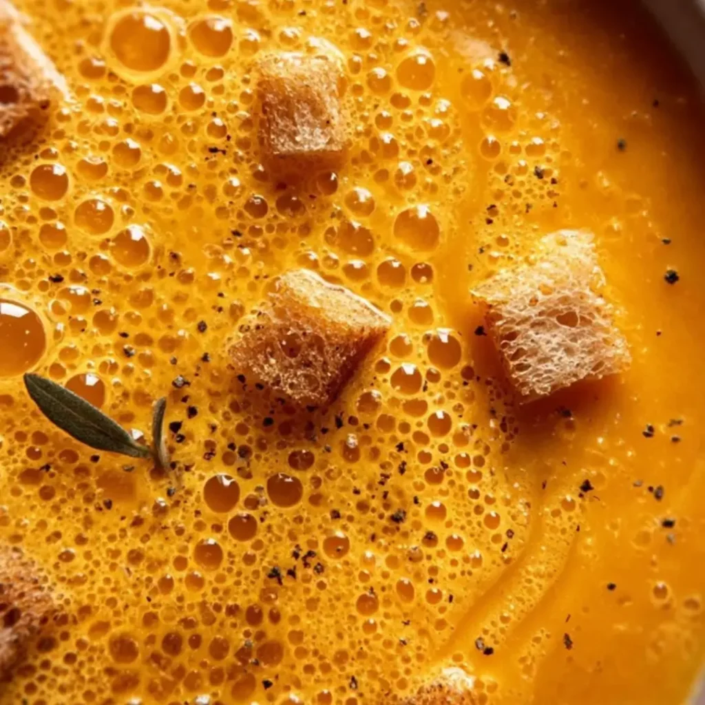 Butternut squash and apple soup served in a bowl, garnished with fresh thyme and a drizzle of coconut milk.
