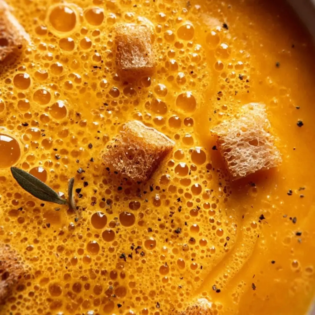 Butternut squash and apple soup served in a bowl, garnished with fresh thyme and a drizzle of coconut milk.