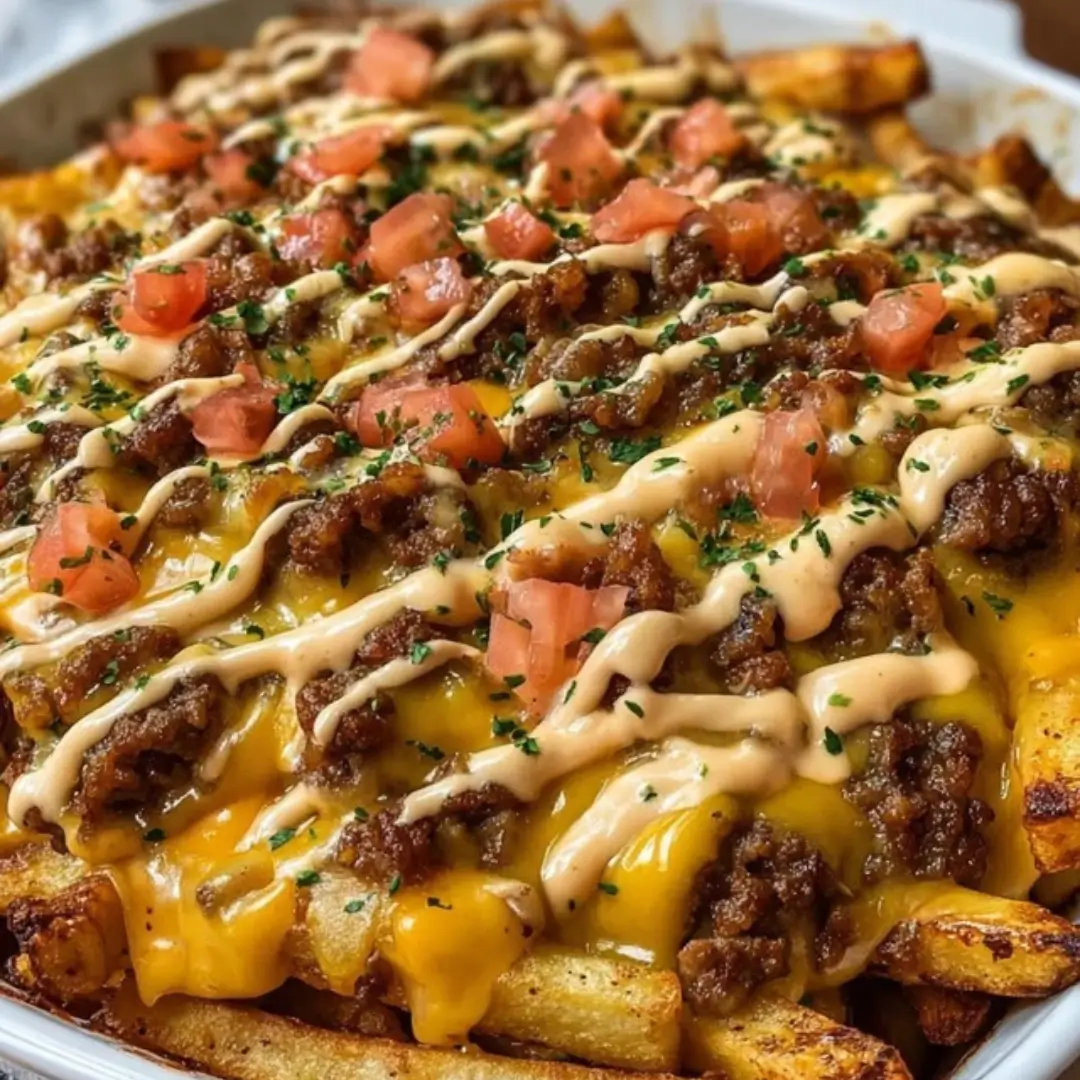 Easy comfort food casserole with ground beef, cheddar, and baked French fries.