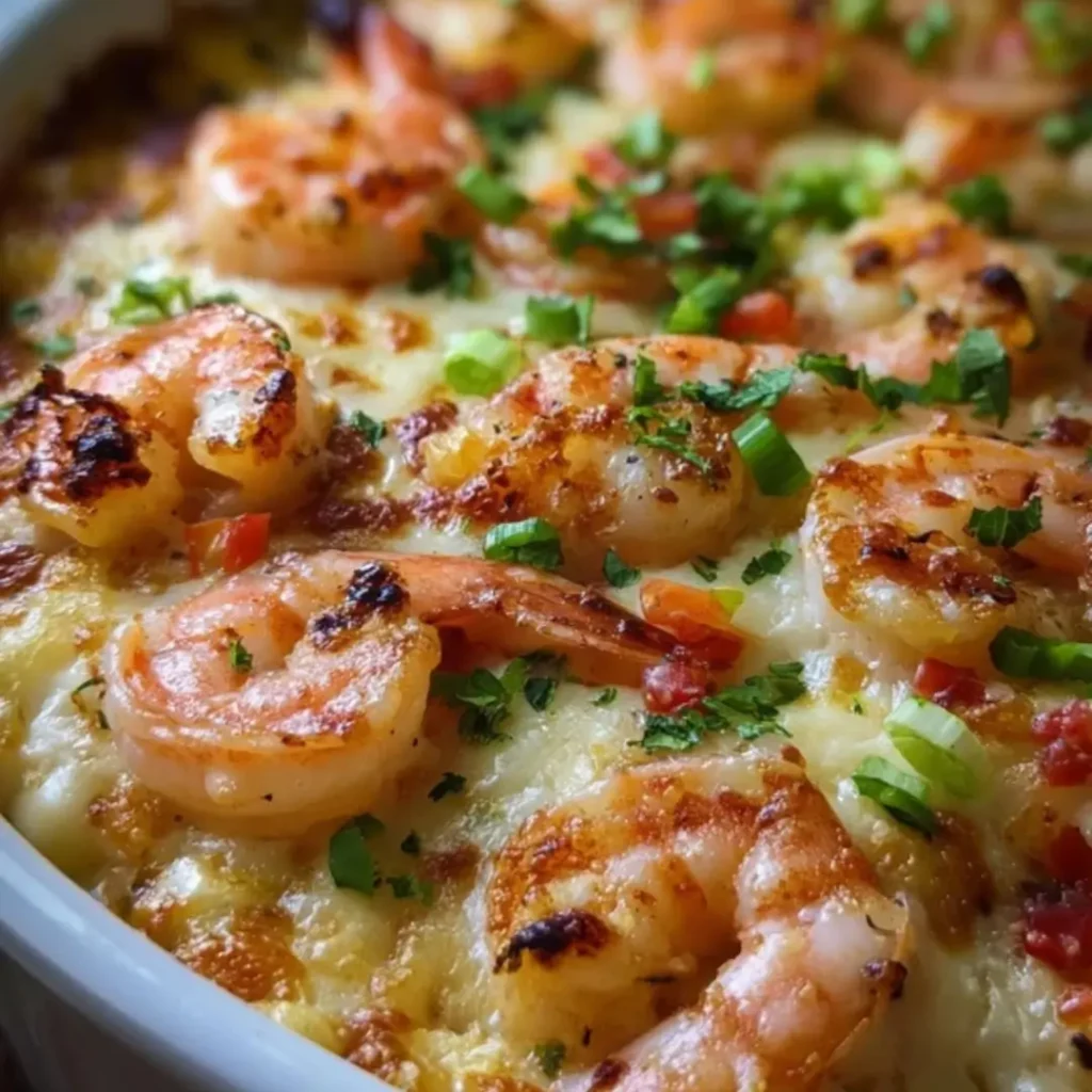 Golden cheesy shrimp bake fresh from the oven, bubbling with melted cheese and creamy sauce.