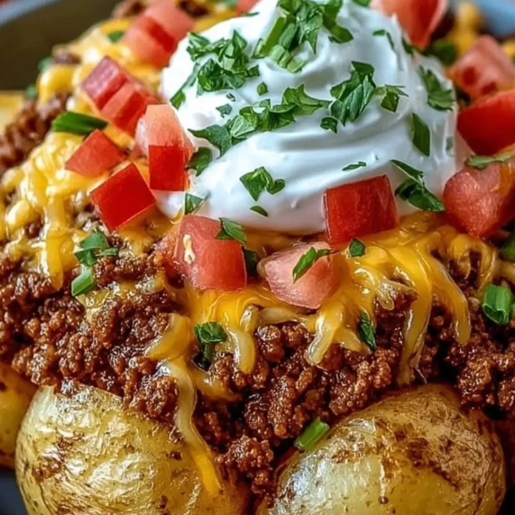 Crispy roasted potatoes topped with taco-seasoned meat, melted cheese, black beans, and fresh cilantro.