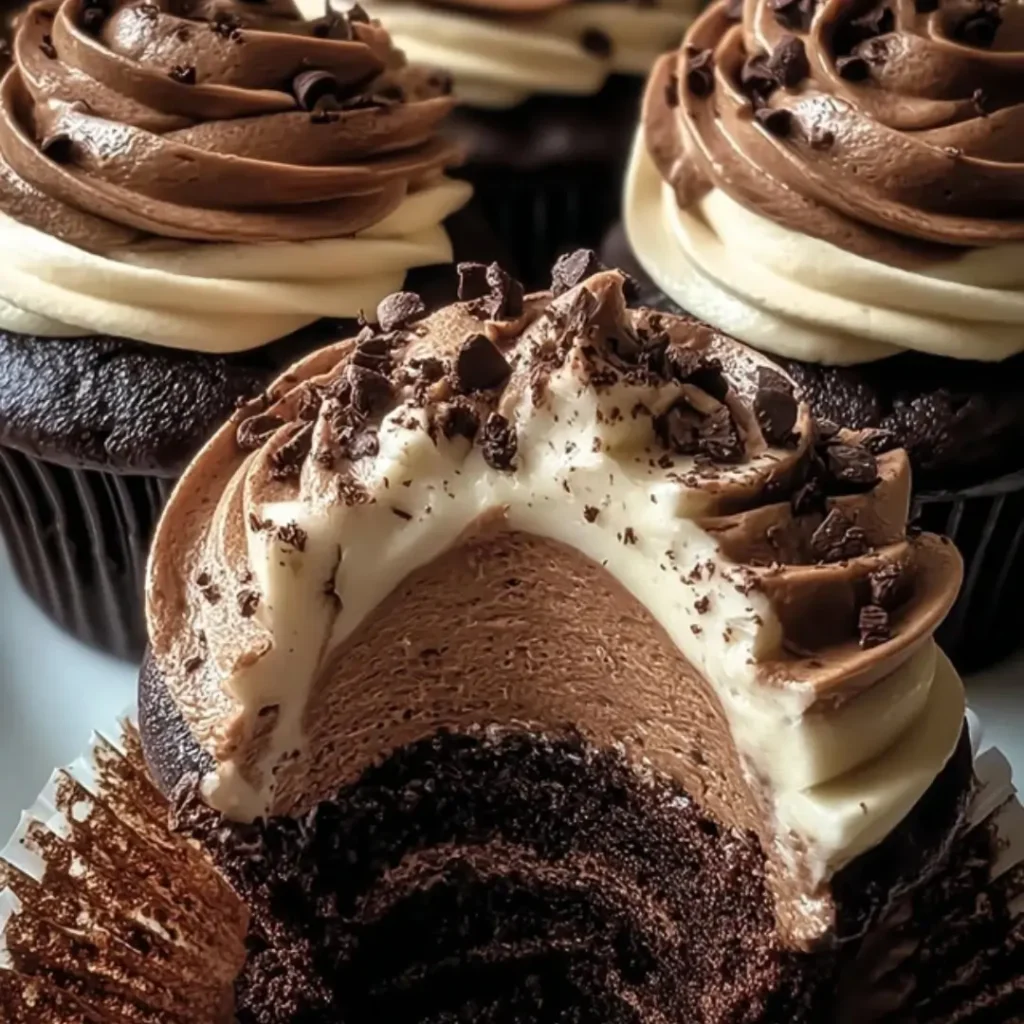 A close-up of a chocolate cupcake topped with piped coffee-flavored whipped cream frosting, dusted with cocoa powder.