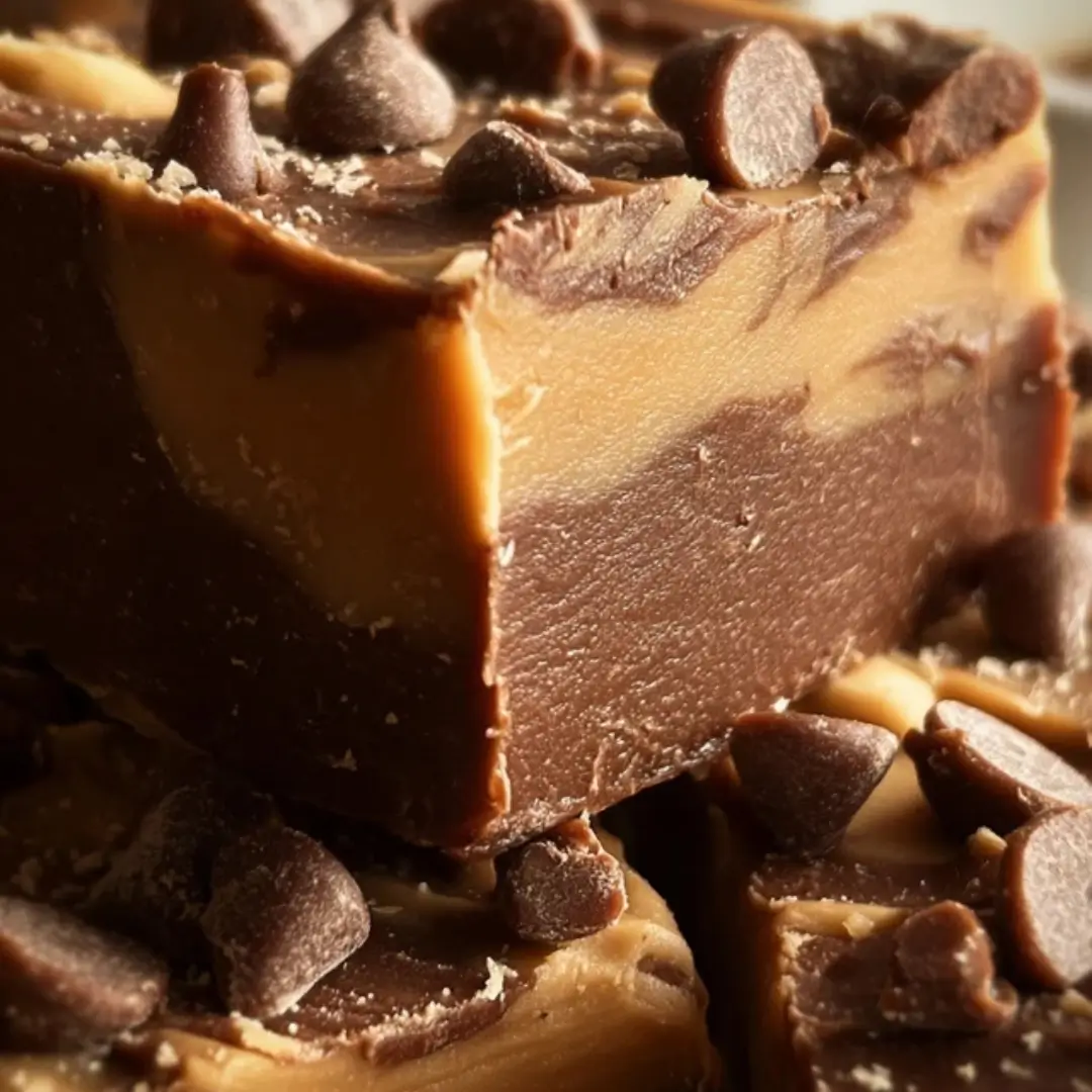 “Close-up of rich chocolate peanut butter fudge squares with swirled layers, stacked on parchment paper.”