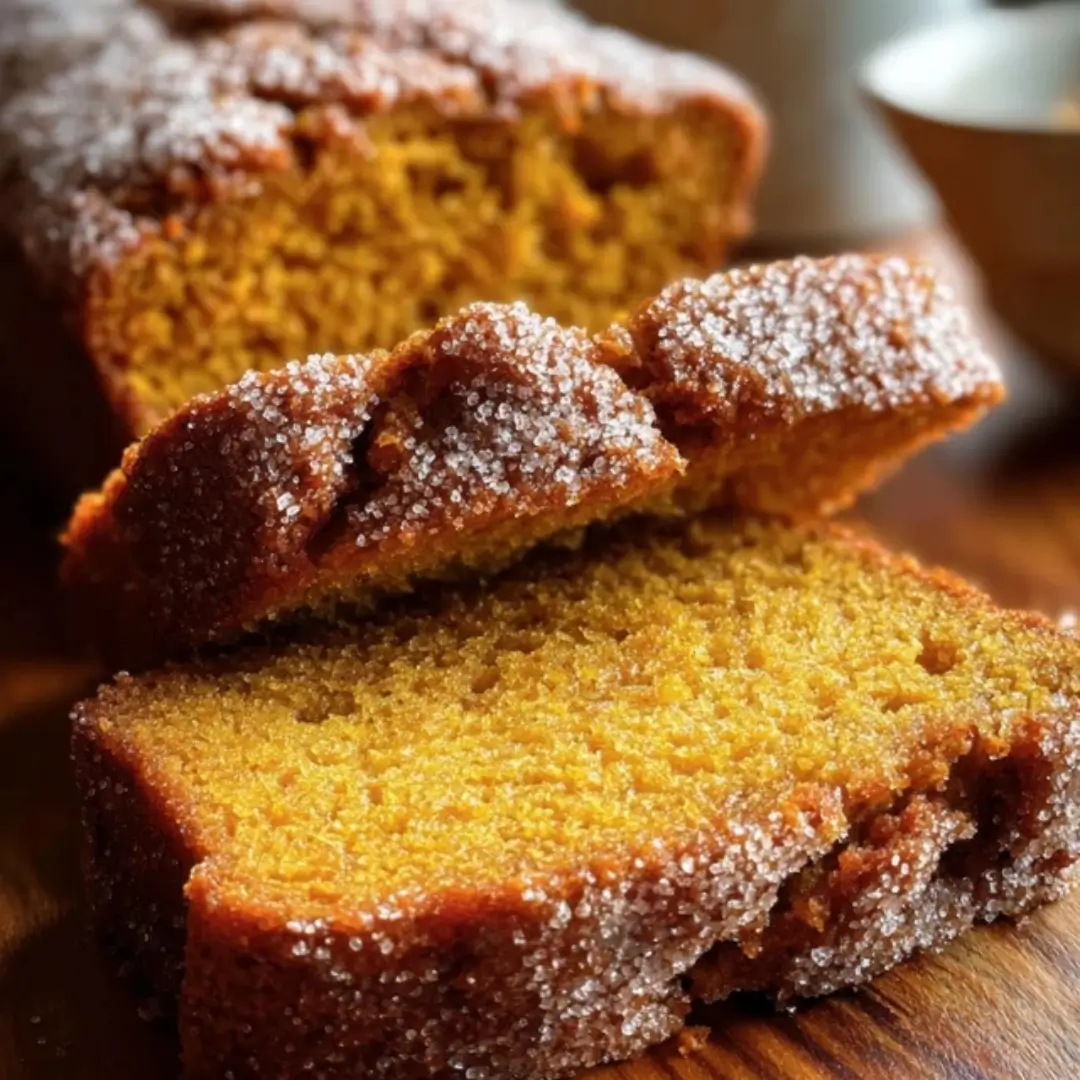 Freshly baked cinnamon sugar pumpkin bread with a golden crust, sliced and ready to serve.