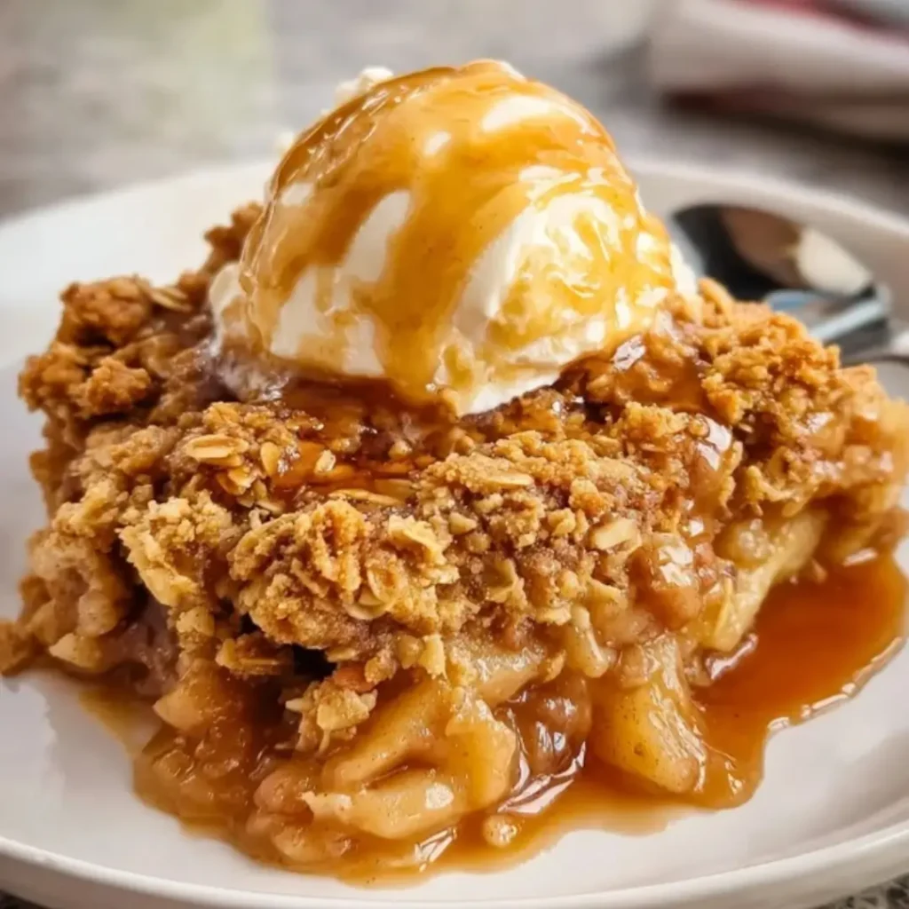 A golden-brown apple crisp with buttery oat topping, served warm with a scoop of vanilla ice cream.