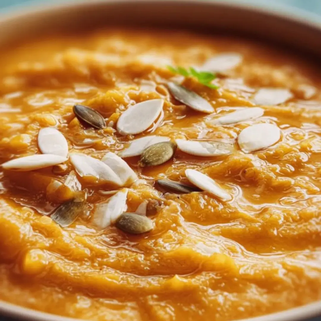 Bowl of creamy sweet potato and lentil soup topped with fresh cilantro and lime wedge