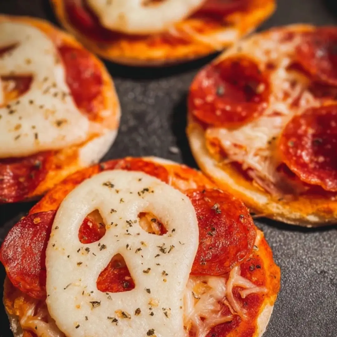 Cute and spooky mini Halloween pizzas topped with cheese, pepperoni, olives, and colorful veggies, perfect for kids and parties.