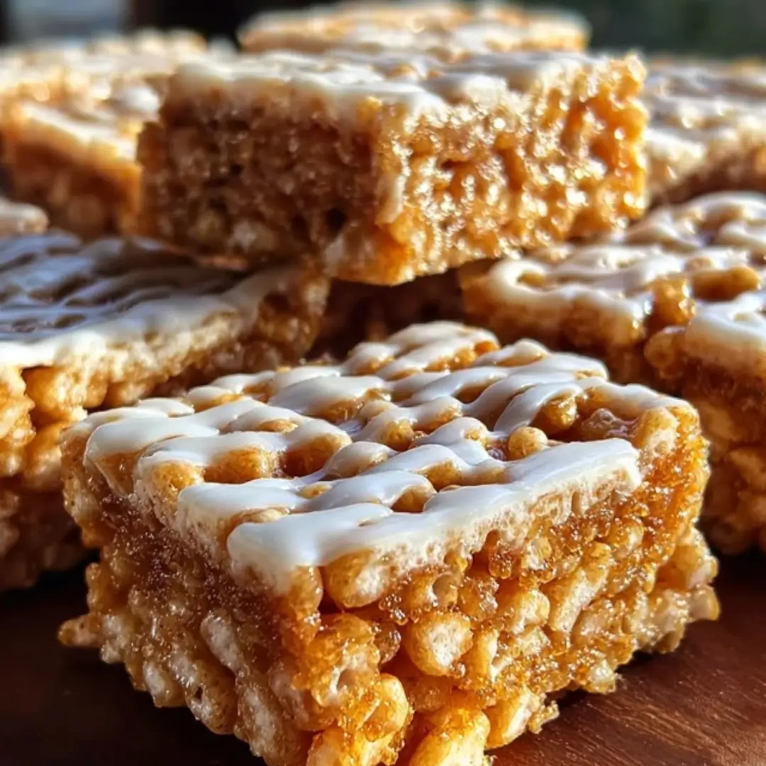 Holiday-spiced Rice Krispie treats, drizzled with white chocolate and topped with festive sprinkles, served on a square platter.