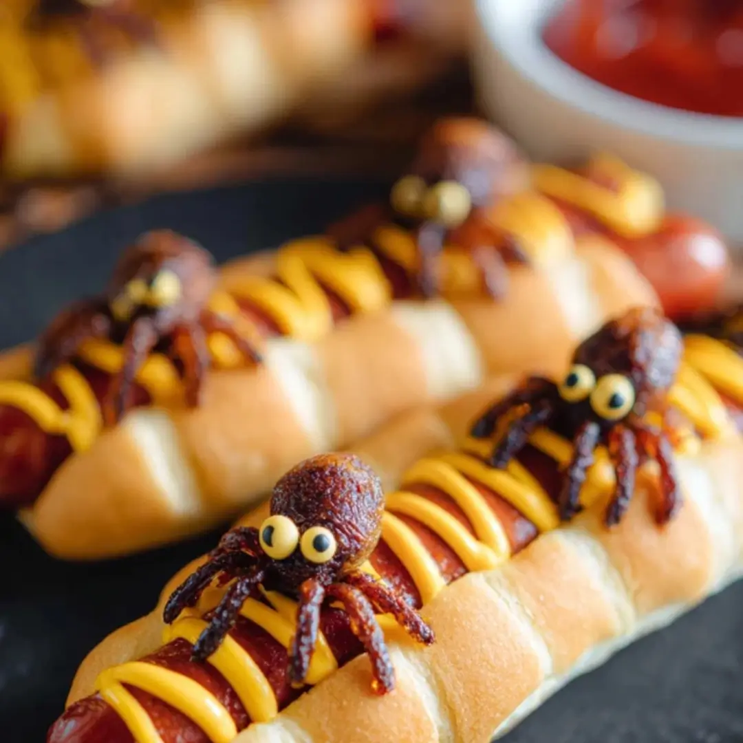 Spooky Halloween hot dog spiders with crescent roll legs, served on a platter with dipping sauce.