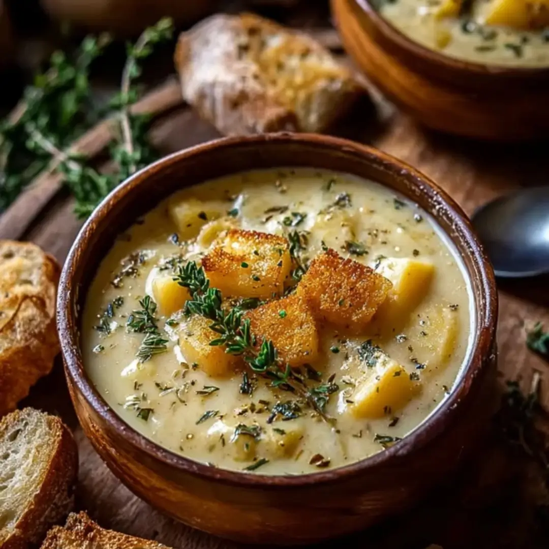 Hearty Cheddar Garlic Herb Potato Soup in a bowl, topped with fresh herbs and shredded cheddar, ready to serve.