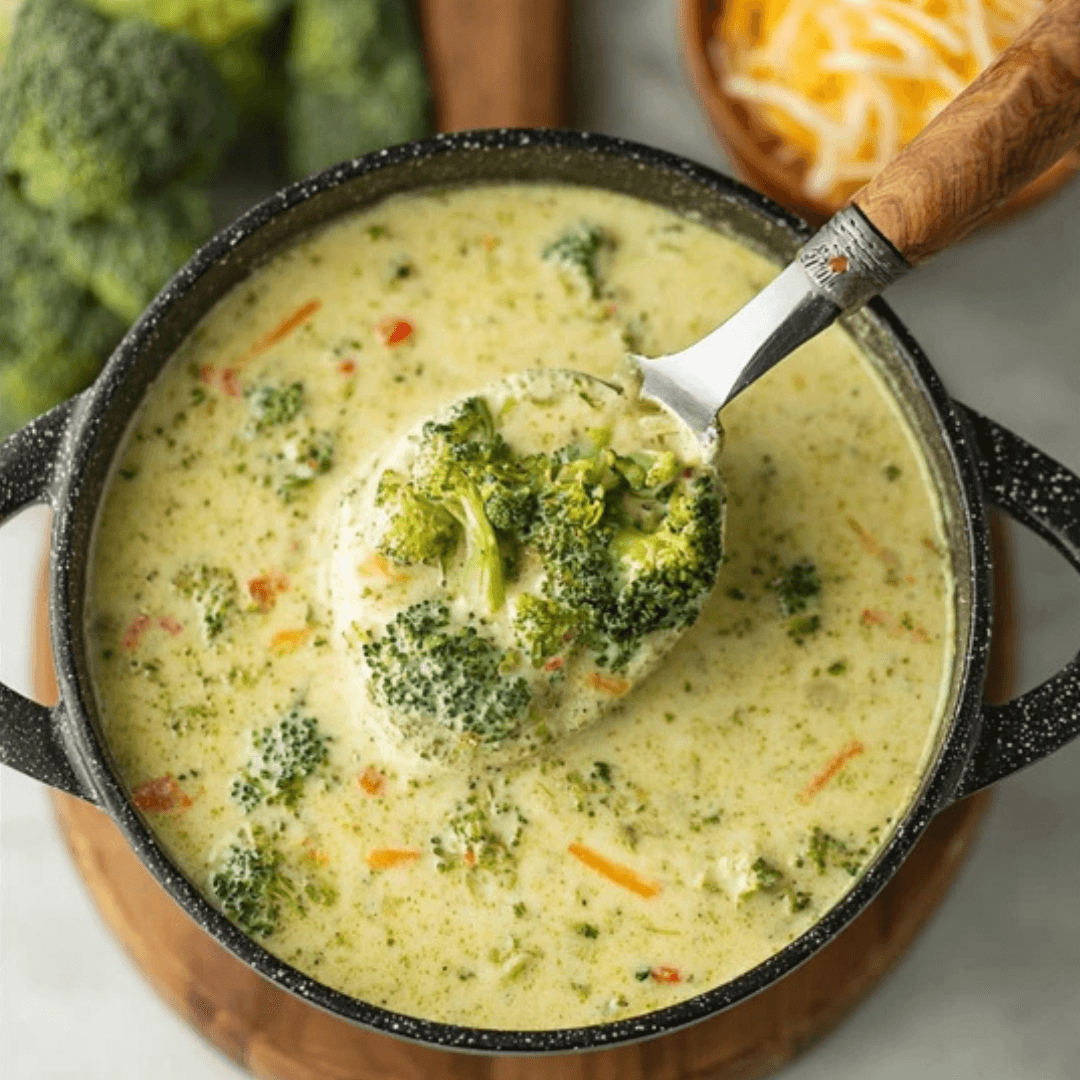 High Protein Broccoli Cheddar Soup A creamy pot of high protein broccoli cheddar soup with fresh broccoli florets and melted cheese, served hot and comforting.