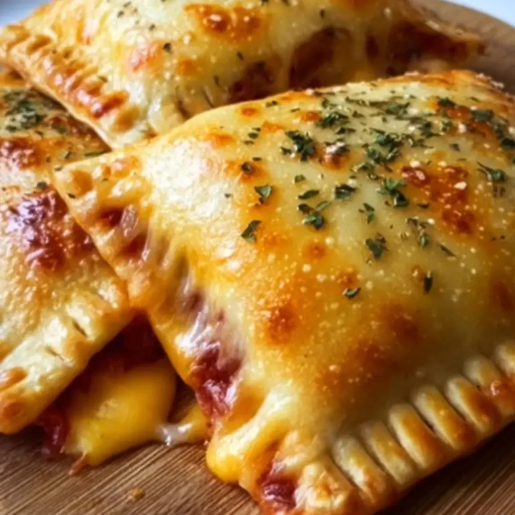 Golden baked pizza pockets filled with melted cheese, sauce, and toppings on a parchment-lined tray.