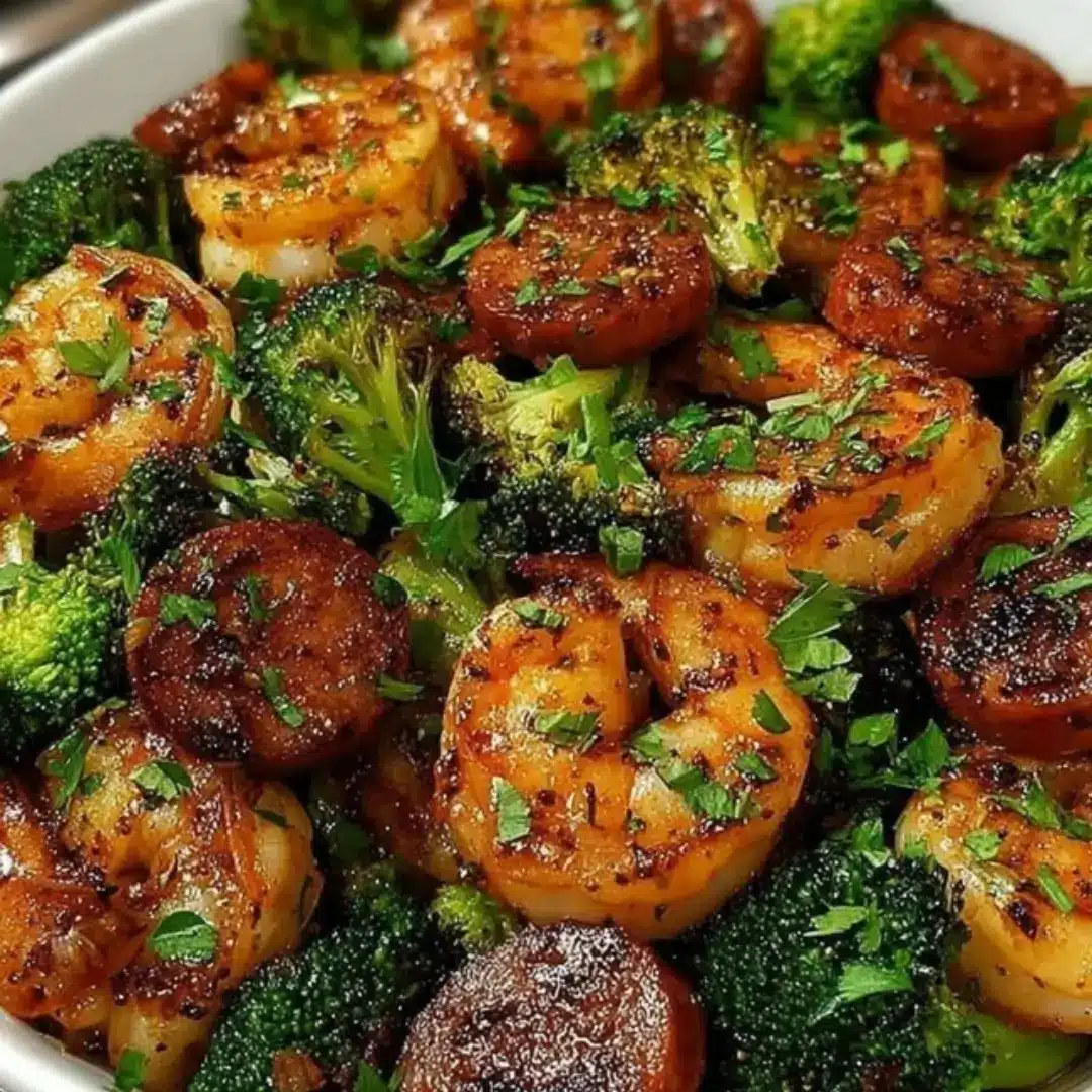 Honey Garlic Shrimp Sausage and Broccoli stir fry served over white rice. One pan quick dinner recipe