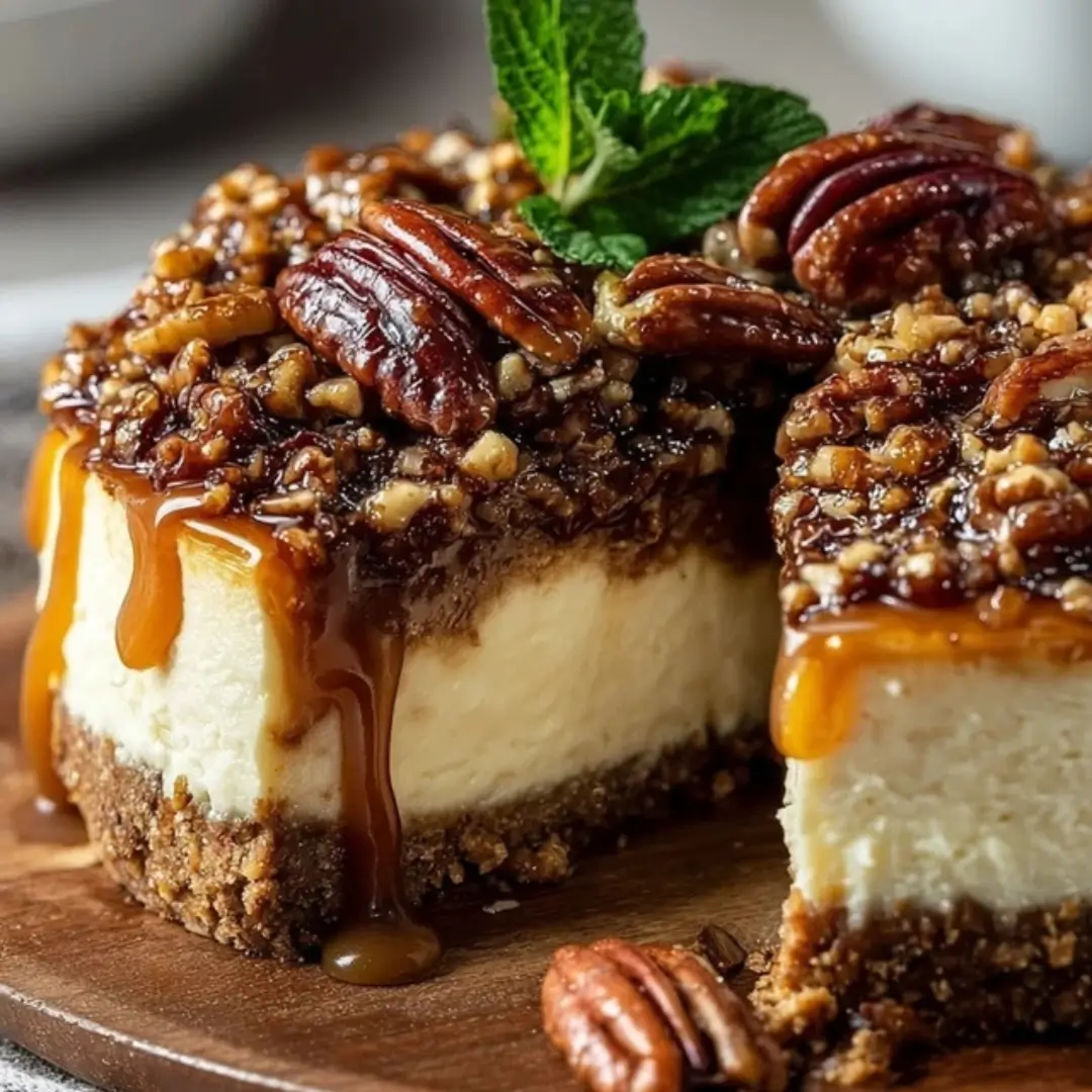 A slice of Kentucky Derby Pecan Pie Cheesecake with a golden pecan topping and creamy cheesecake layers on a white plate.