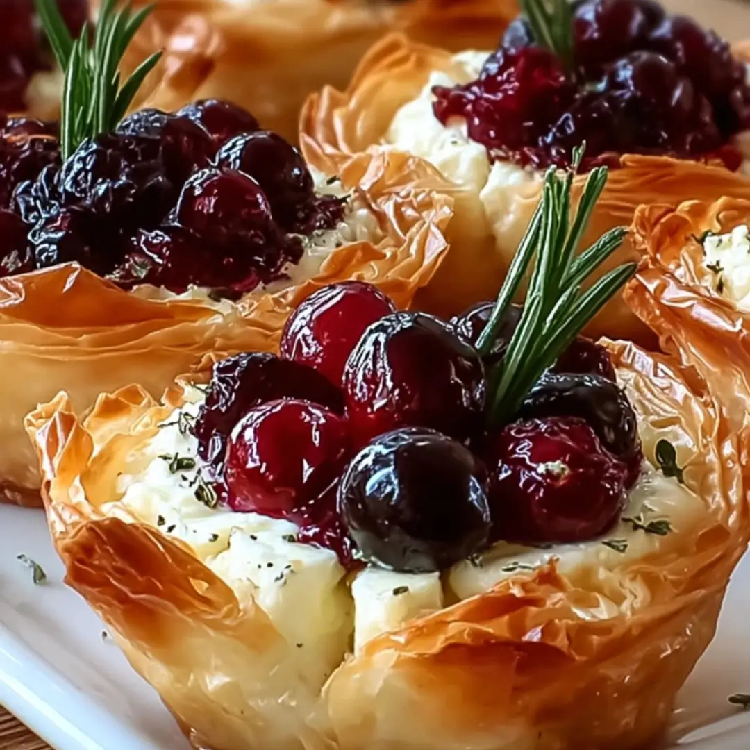Mini phyllo tarts filled with melted brie cheese, cranberry sauce, and fresh herbs on a holiday serving platter.