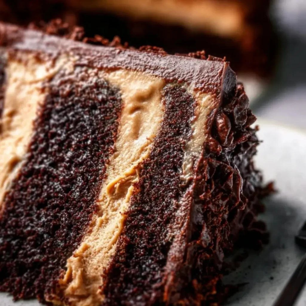 Decadent mocha cake with fudge filling and espresso frosting, layered and frosted to perfection.