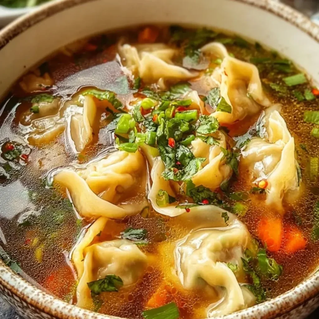 Bowl of steaming potsticker soup with dumplings, mushrooms, spinach, and carrots in a savory broth