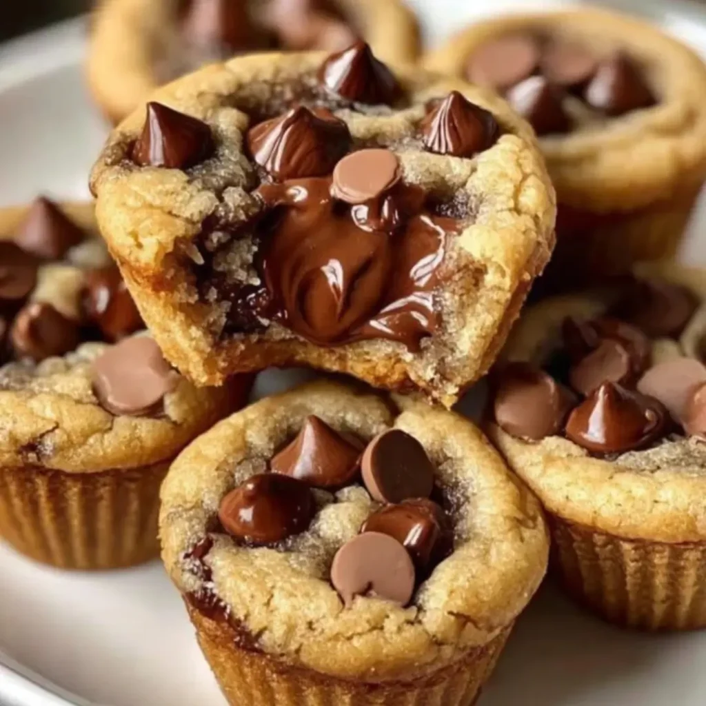 A close-up shot of several peanut butter chocolate chip cookie bites baked in a mini muffin tin, each topped with a melted mini Reese's peanut butter cup.