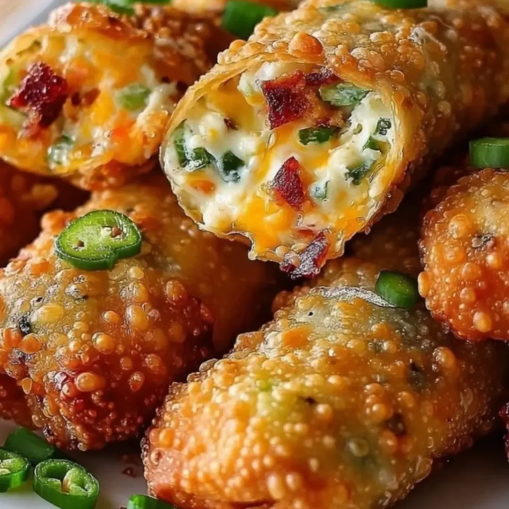 Golden crispy jalapeño popper egg rolls stuffed with cream cheese, cheddar, bacon, and jalapeños, served with dipping sauce.