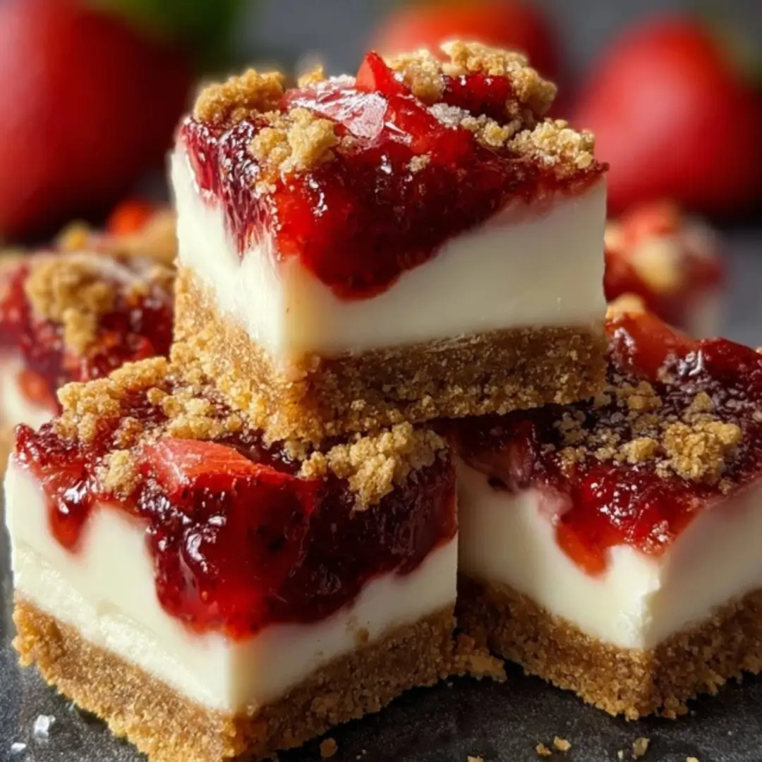 Strawberry Crunch Cheesecake Chunks on a plate, showing creamy cheesecake, fresh strawberries, and golden crunchy topping.