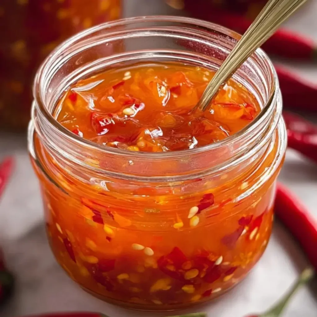 Homemade sweet chili sauce in a glass jar, glossy and thick, perfect for dipping spring rolls and drizzling over grilled dishes