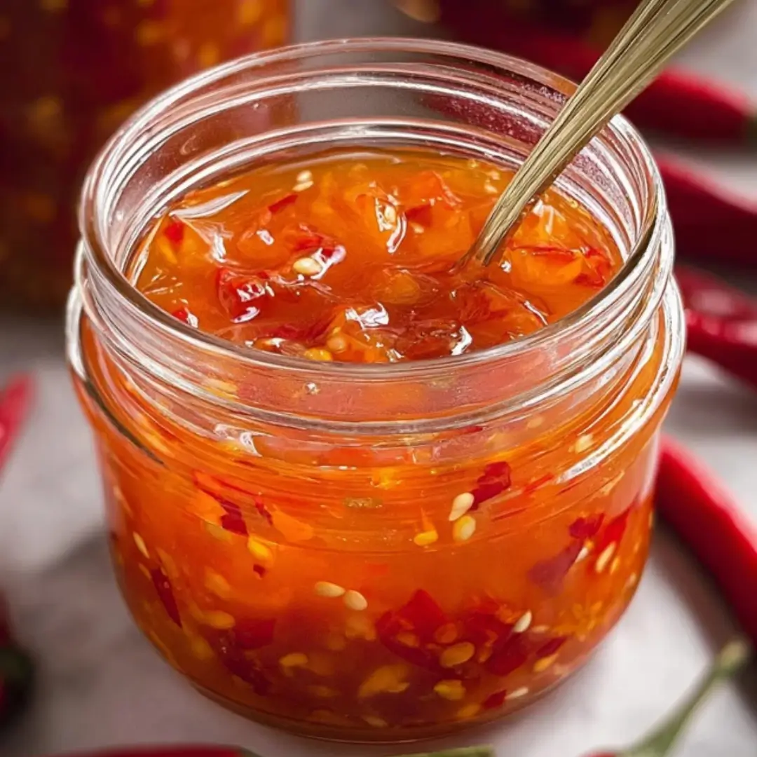 Homemade sweet chili sauce in a glass jar, glossy and thick, perfect for dipping spring rolls and drizzling over grilled dishes