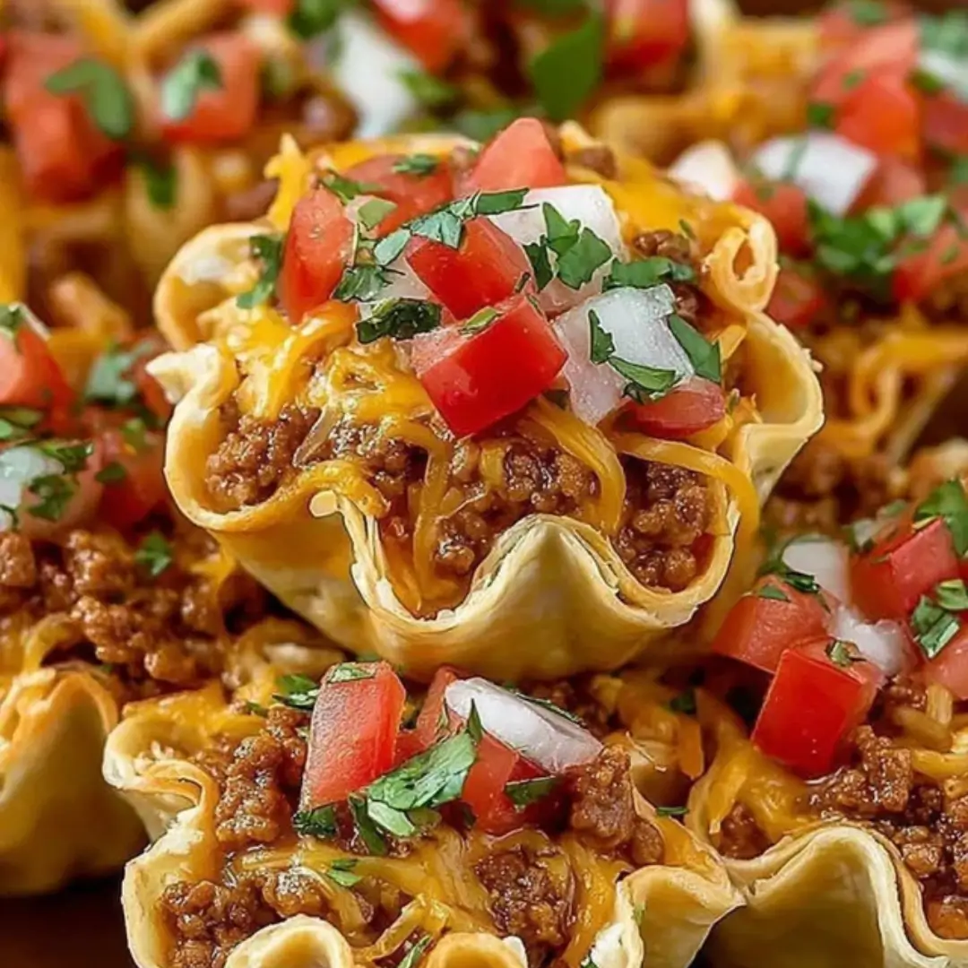 Mini taco bites made in a muffin tin with a golden crescent roll crust, filled with seasoned ground beef, melted cheddar cheese, corn, and black beans, drizzled with ranch dressing and topped with diced tomato and green onions.