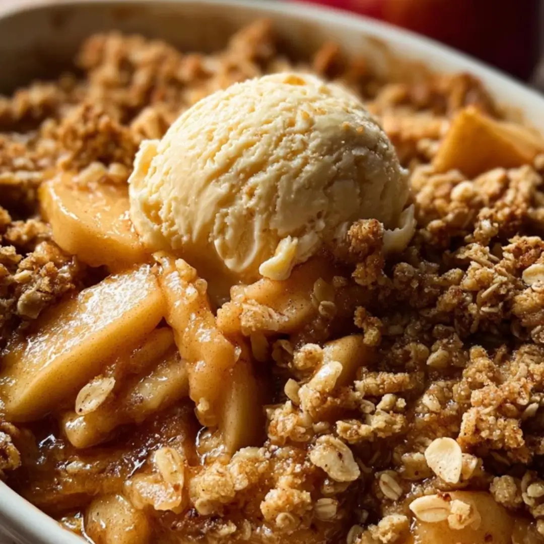 Warm apple crisp in a baking dish, topped with golden-brown rolled oats and cinnamon, served with a scoop of melting vanilla ice cream.