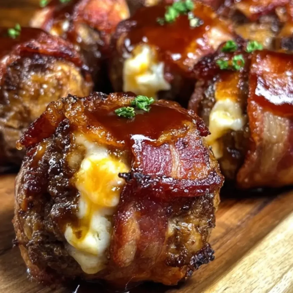 Cheddar-Stuffed BBQ Bacon Bombs on a platter, golden-brown bacon wrapped around juicy meatballs with melted cheese inside.