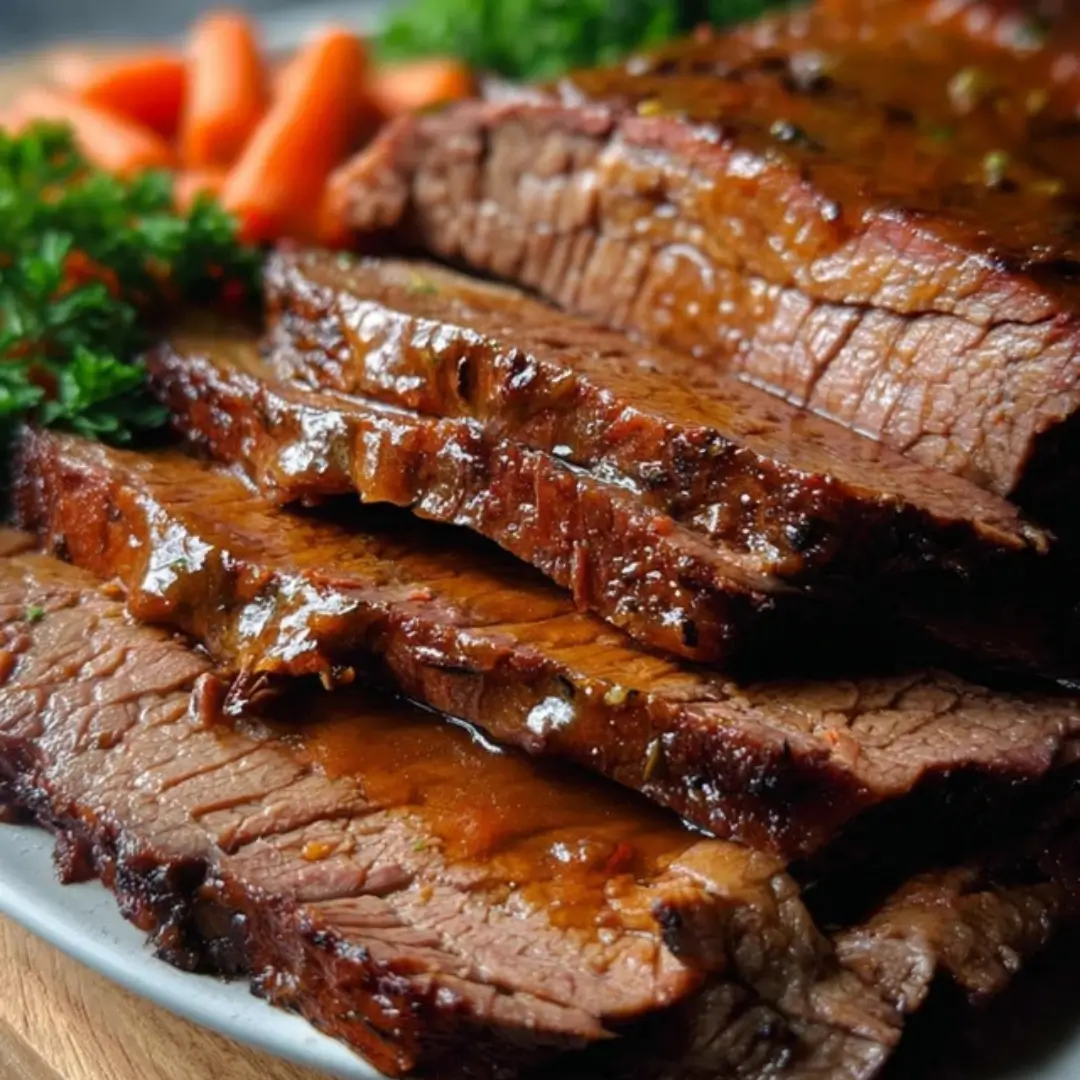 Juicy slow cooker brisket sliced on a platter with savory vegetables and rich cooking juices.