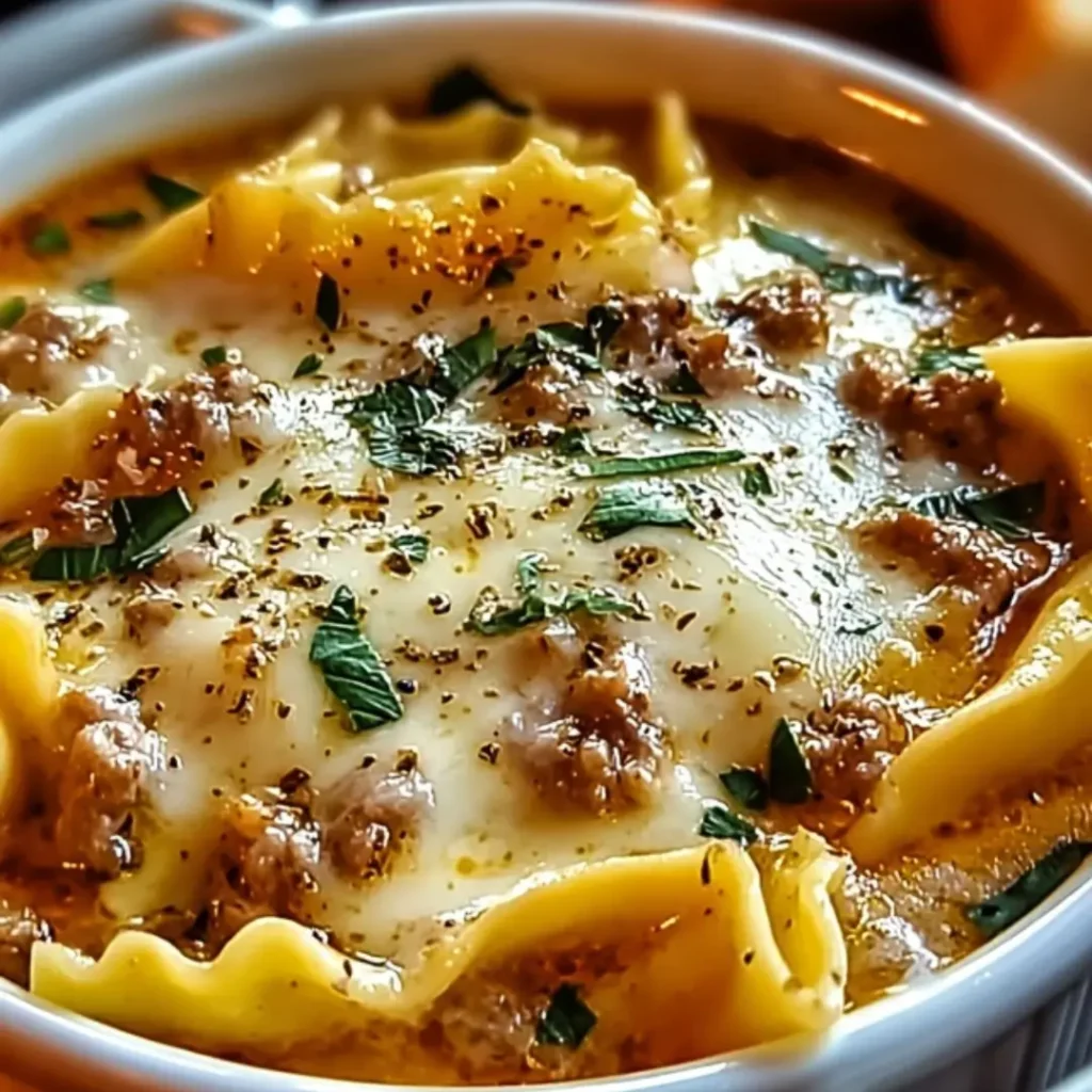 Creamy bowl of Alfredo Lasagna Soup garnished with fresh parsley and grated Parmesan cheese on a rustic wooden table.