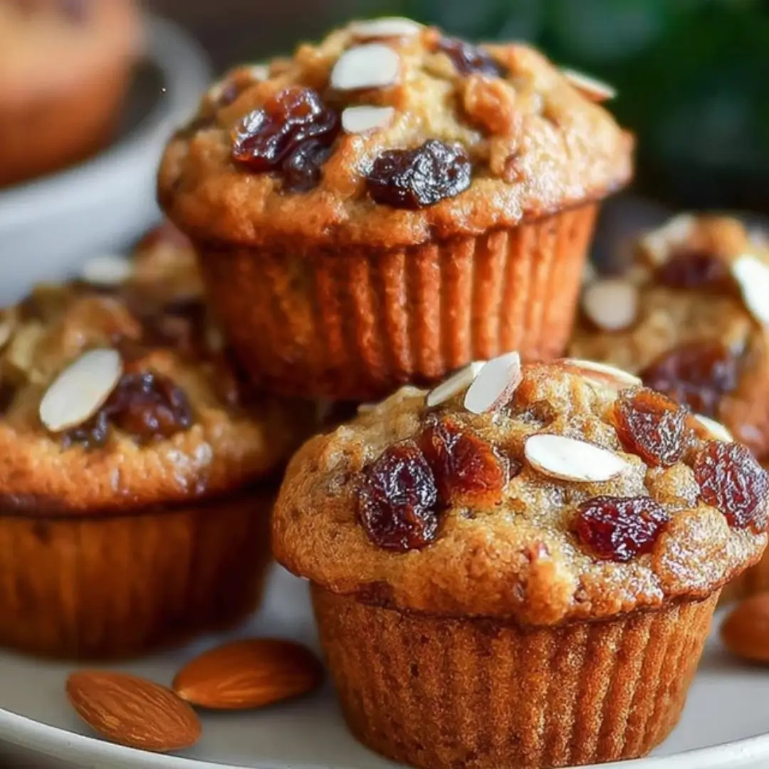 Two golden brown almond raisin muffins on a cooling rack dusted with powdered sugar.