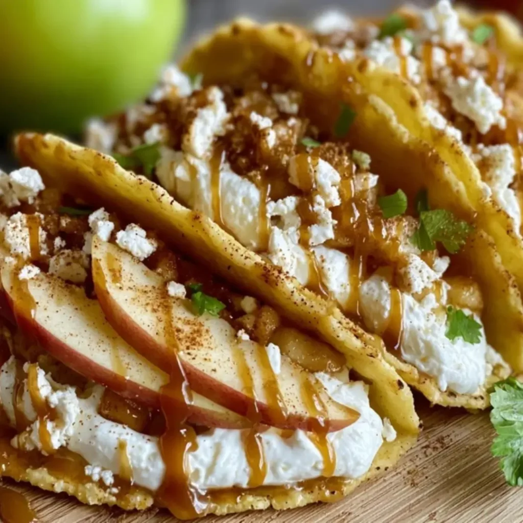 Close-up of two crispy cinnamon-sugar taco shells filled with creamy no-bake cheesecake and warm, caramelized apple chunks, drizzled with caramel sauce.
