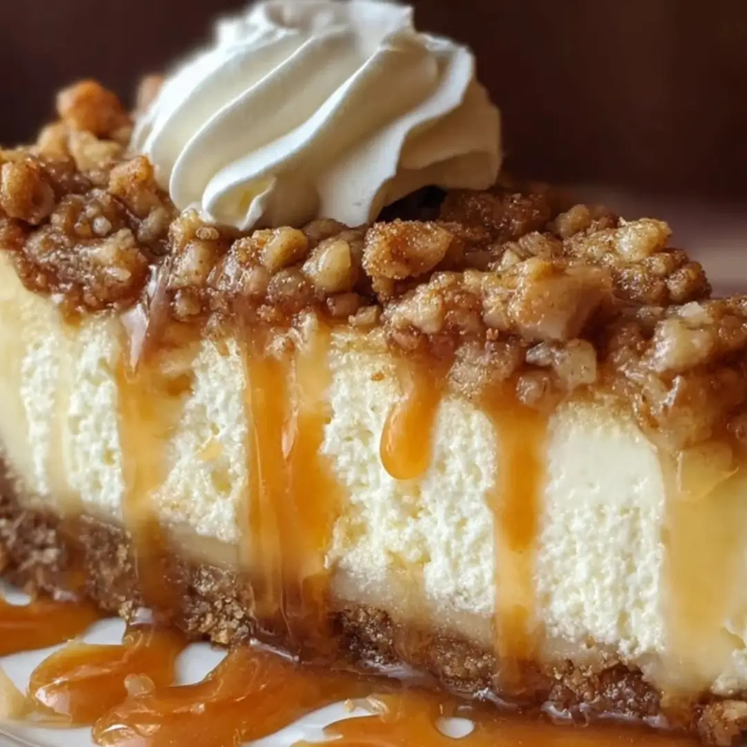 A slice of Apple Crisp Cheesecake on a plate, showing the layers of graham cracker crust, creamy filling, caramelized apples, and crumbly oat streusel topping.