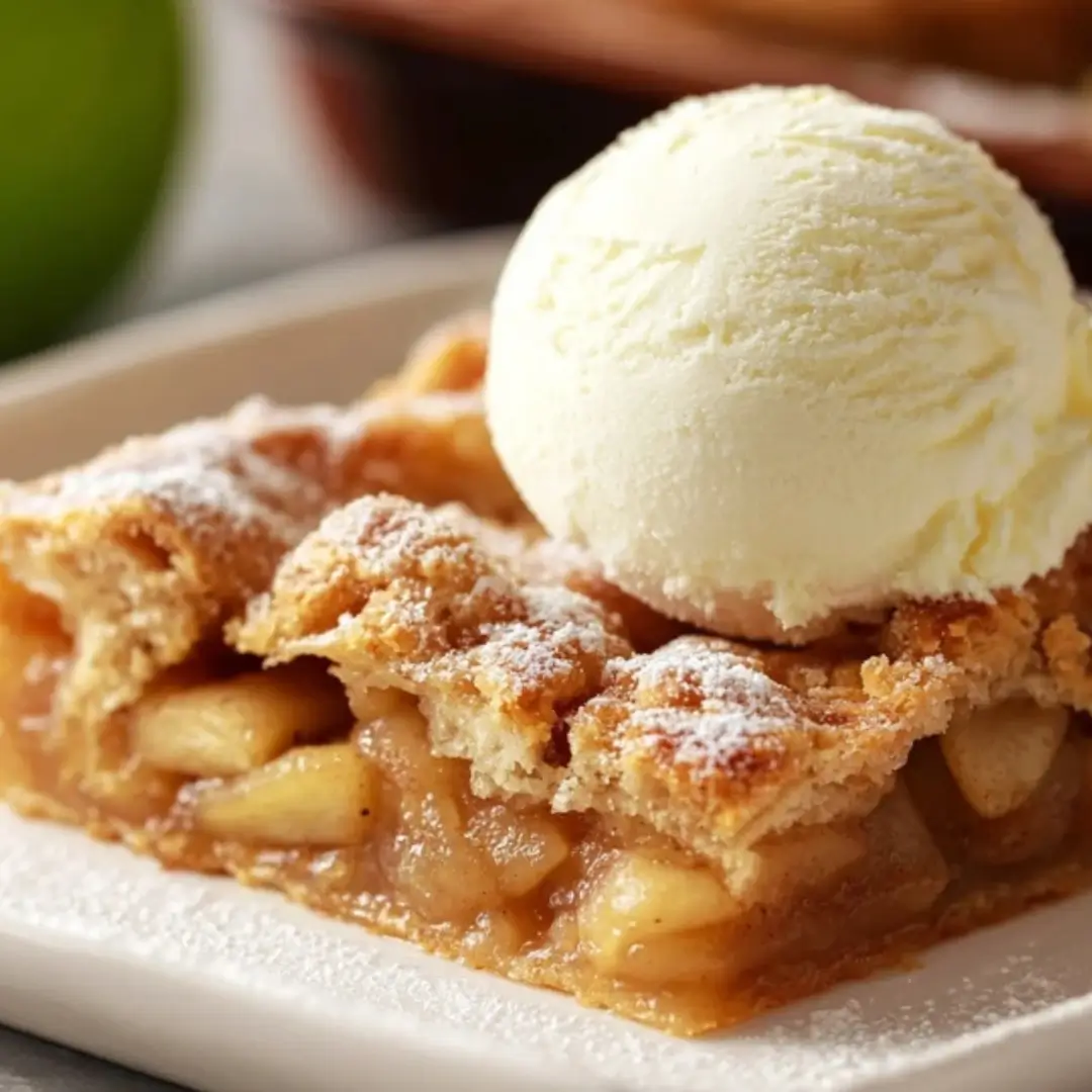 Apple Slab Pie with sweet vanilla glaze sliced into squares in a 10x15-inch sheet pan