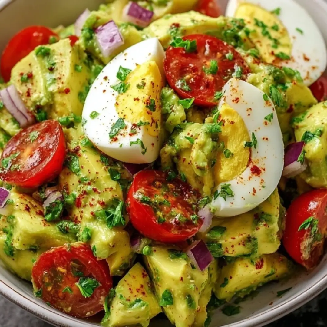 Creamy avocado egg salad with cherry tomatoes, red onion, and fresh dill served on a slice of whole-grain toast.