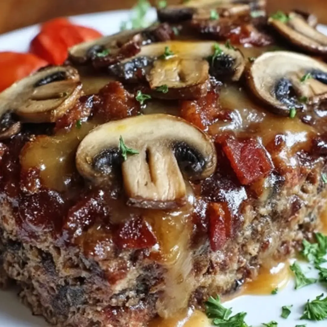 Comfort food: A rich, cheesy meatloaf filled with mushrooms and garlic, covered with a turkey bacon lattice.