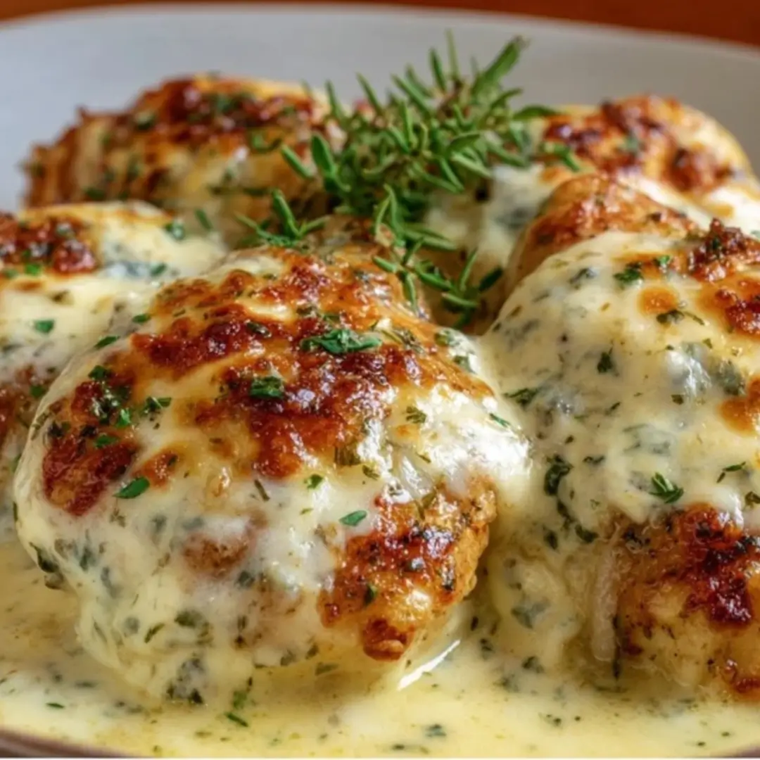 A close-up of baked chicken breast covered in melted mozzarella and Parmesan cheese, along with a creamy, herby cream cheese sauce.
