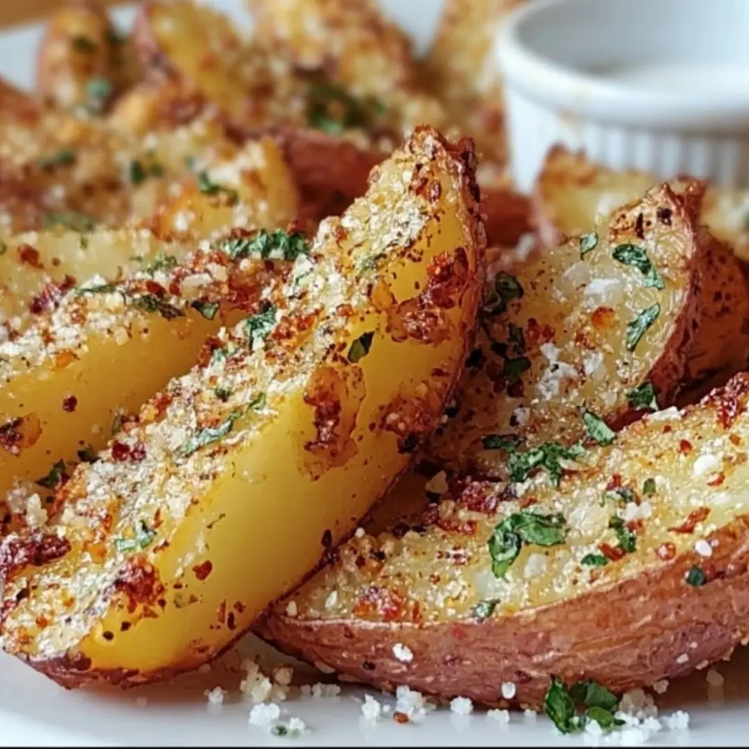 Crispy baked potato wedges coated in fresh garlic, grated Parmesan cheese, paprika, and herbs, served with dipping sauce.