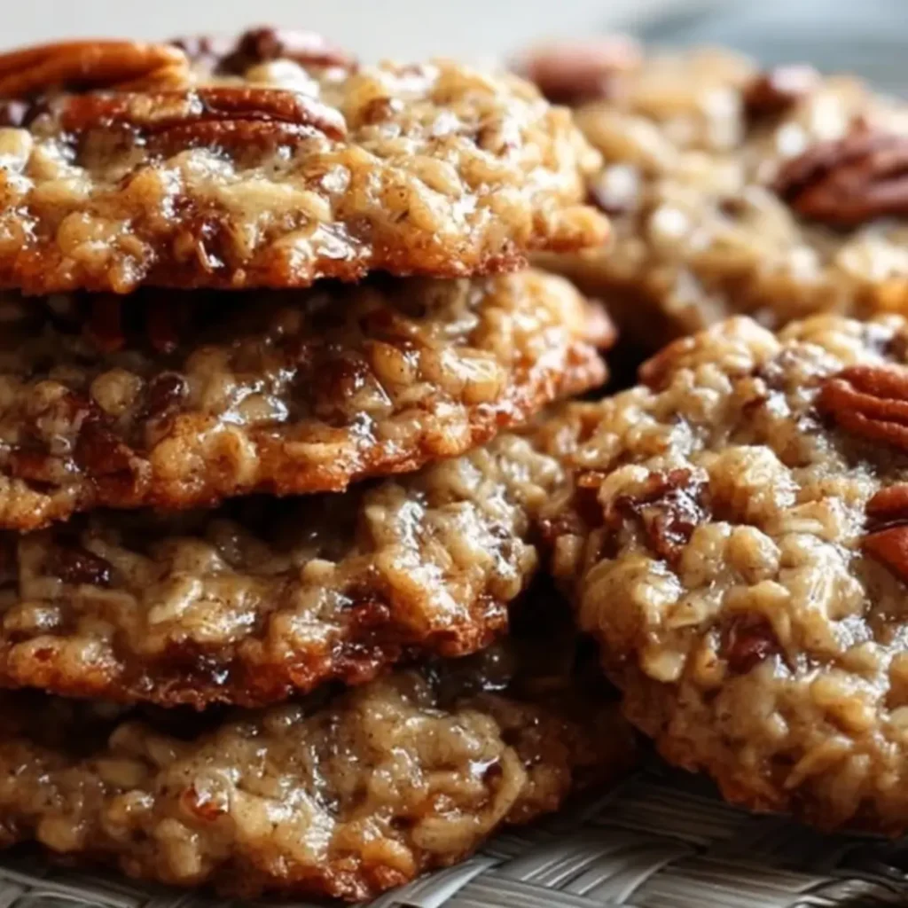 A close-up shot of several large, chewy, golden-brown Pecan Pie Oatmeal Cookies stacked on a cooling rack, showing the toasted pecan pieces, old-fashioned oats, and soft, bakery-style centers.