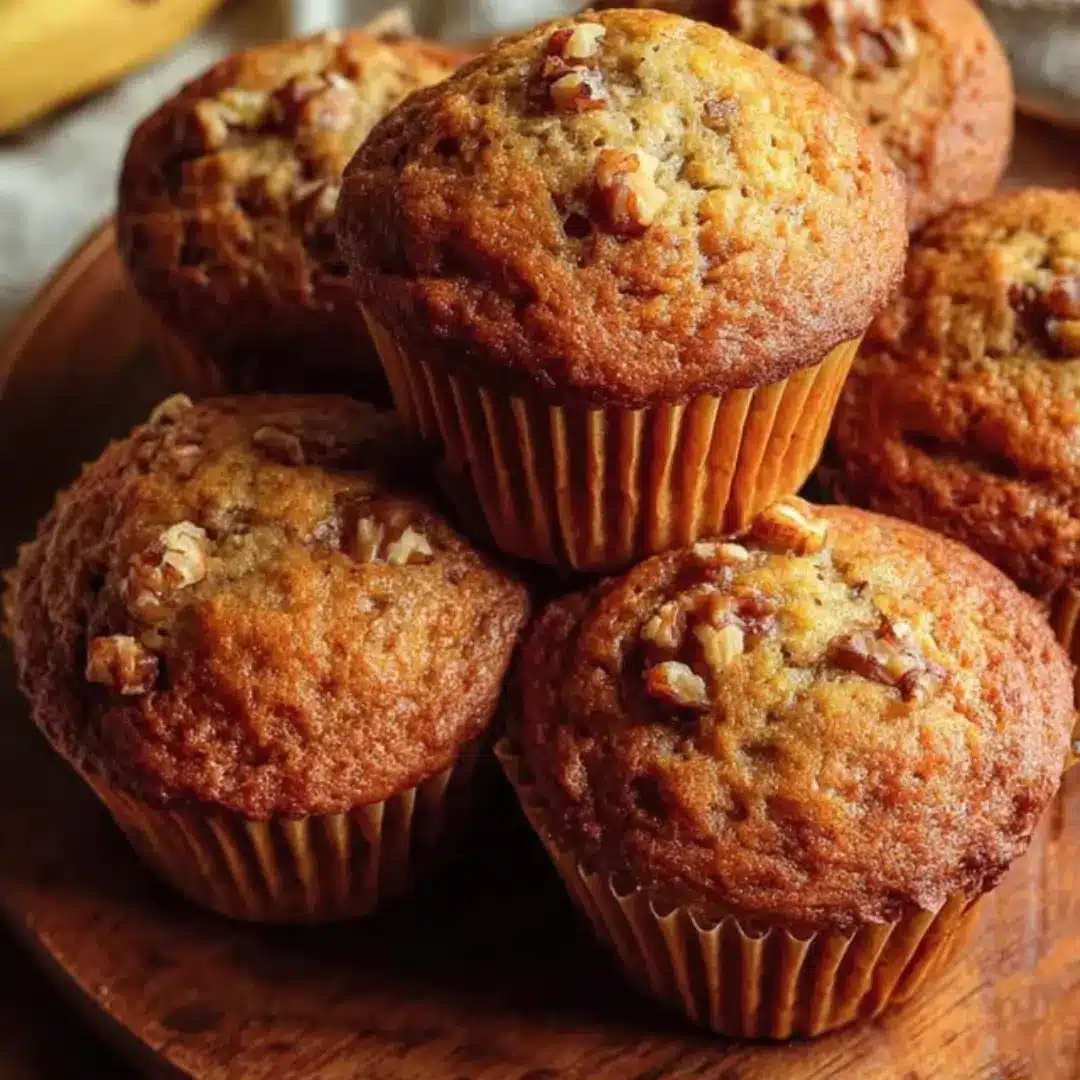 Close-up shot of two perfectly baked, moist banana nut muffins on a wire rack, with chopped walnuts visible on top.
