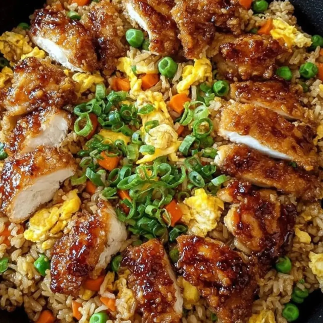 Crispy Bang Bang Chicken Fried Rice in a wok with rice, creamy sauce, vegetables, and chopped green onions.