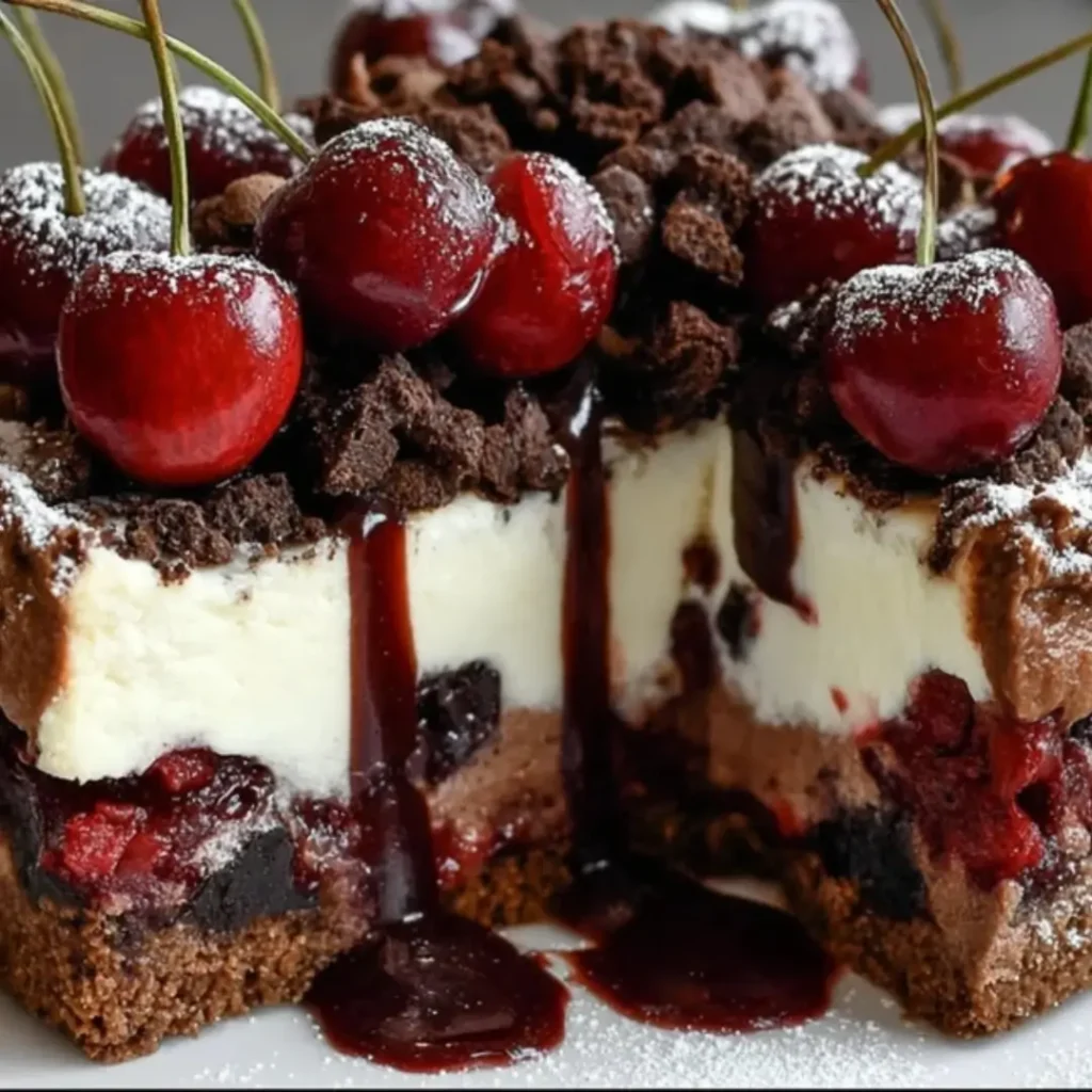 A close-up shot of a decadent Black Forest Cheesecake showing the dark chocolate crust, creamy chocolate filling, a generous layer of glossy cherry pie topping, and piped swirls of fresh whipped cream, finished with shaved dark chocolate and fresh cherries.